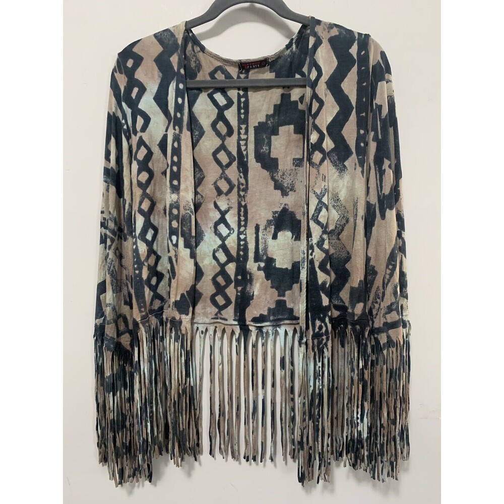 T-Party Women Small Fringe Cardigan Brown Boho Festival Western Grunge Hippie